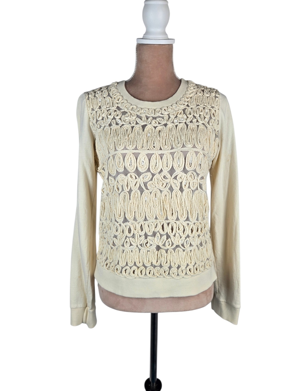 Akemi + Kin Anthropologie Ribbon Rosette Mesh Sweatshirt Pullover Cream Small